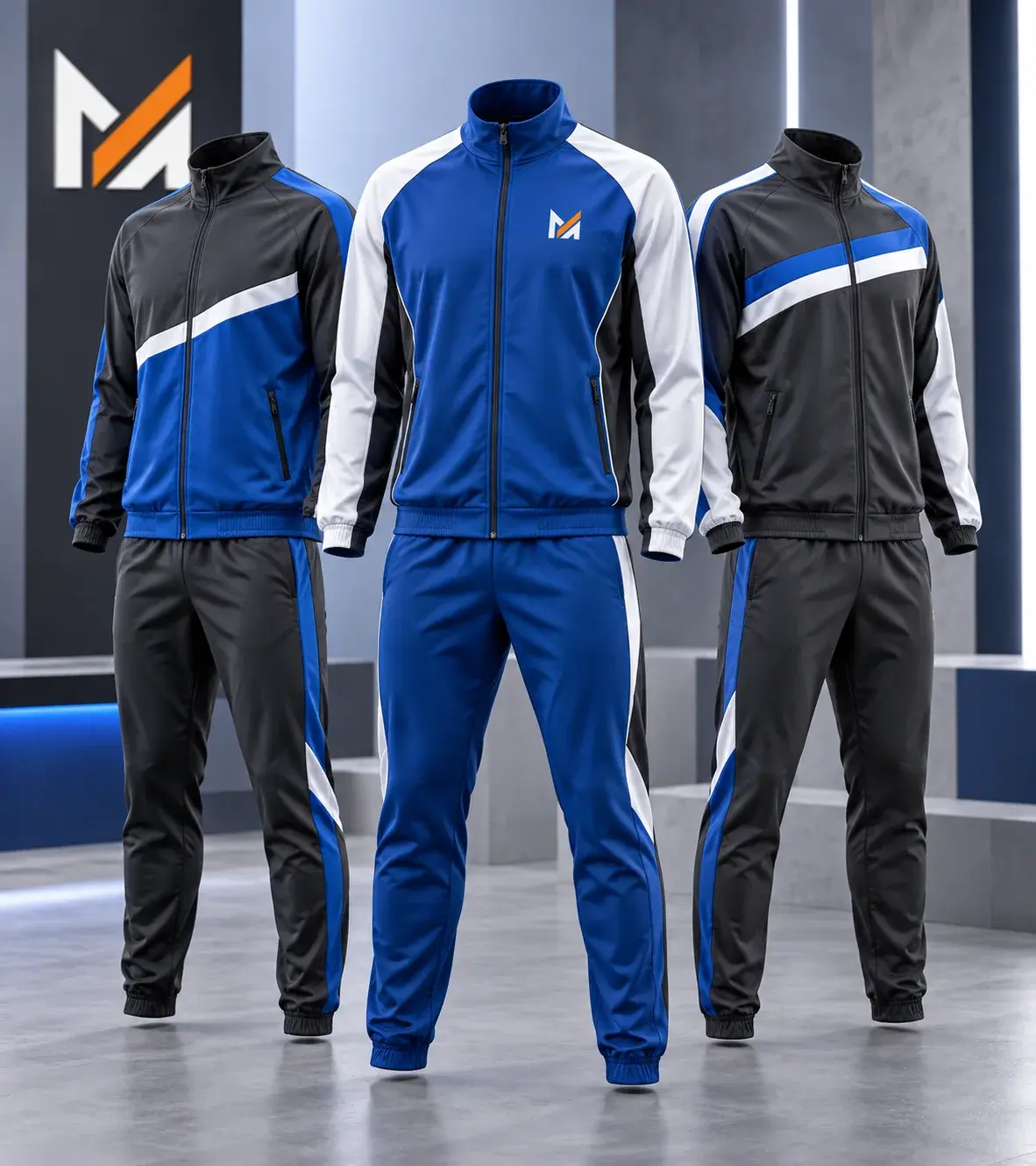 Three custom team tracksuits displayed on mannequins in blue, black, and white color combinations with coordinated panel designs and visible Mega Apparel branding.